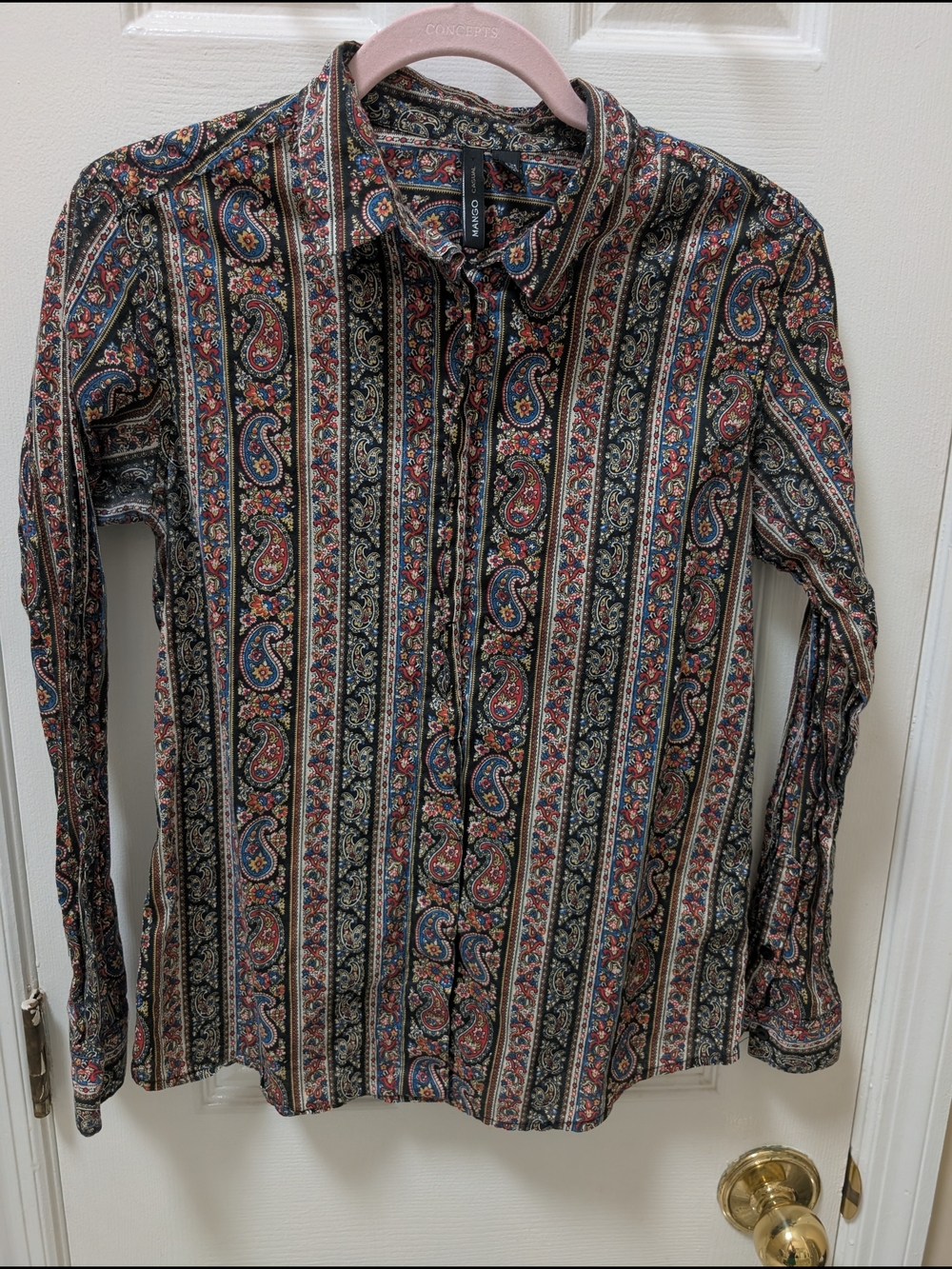 Mango Paisley Stripe Button-Up Blouse in Black, Red, Blue